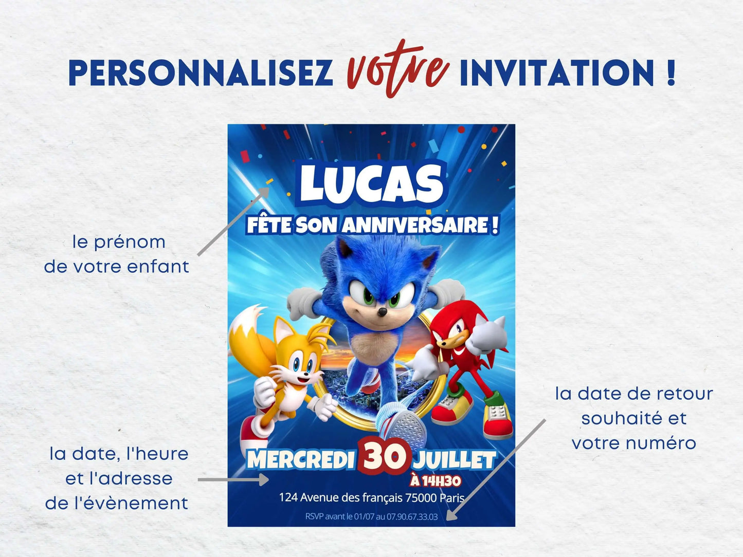 Invitations personnalisées anniversaire SONIC