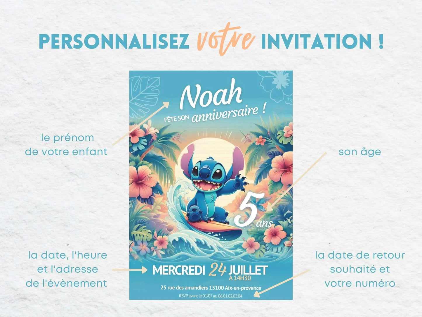 Invitations personnalisées anniversaire STITCH