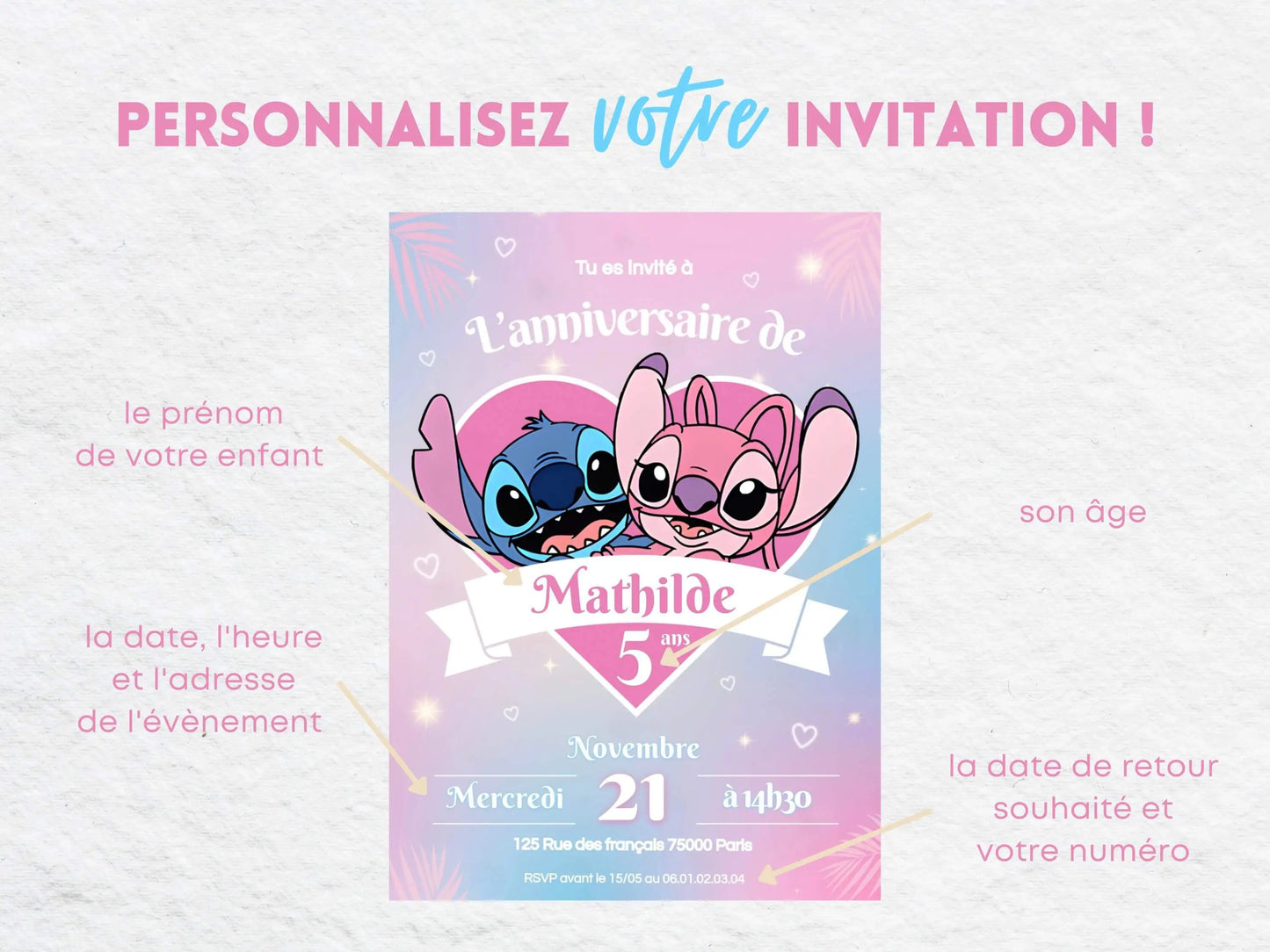 Invitations personnalisées anniversaire STITCH & ANGEL