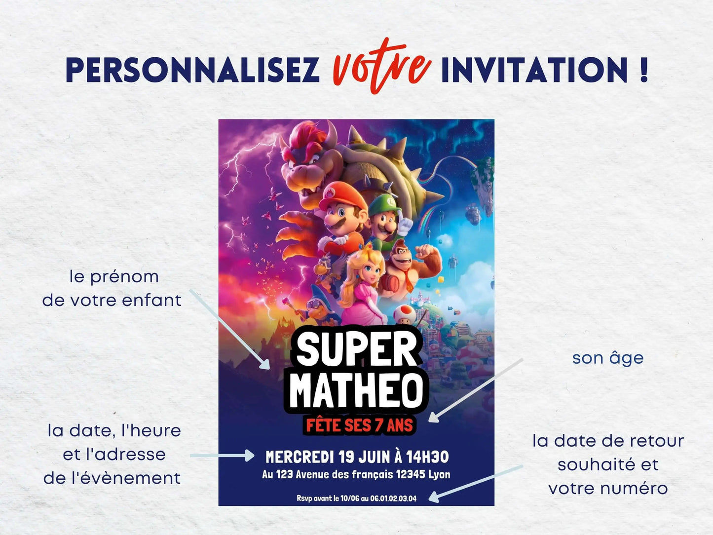 Invitations personnalisées anniversaire SUPER MARIO