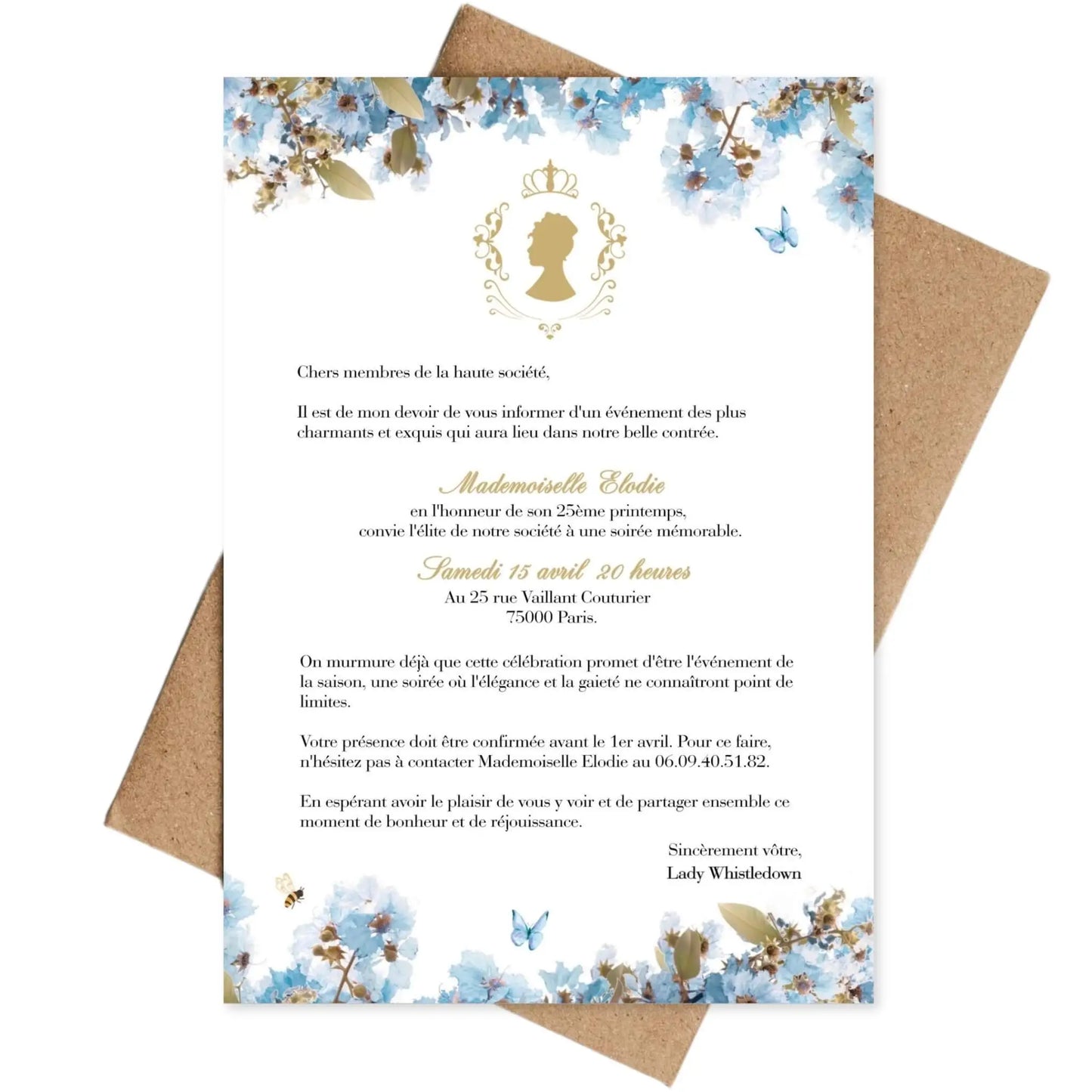 Invitations personnalisées avec fleurs BRIDGERTON bleu