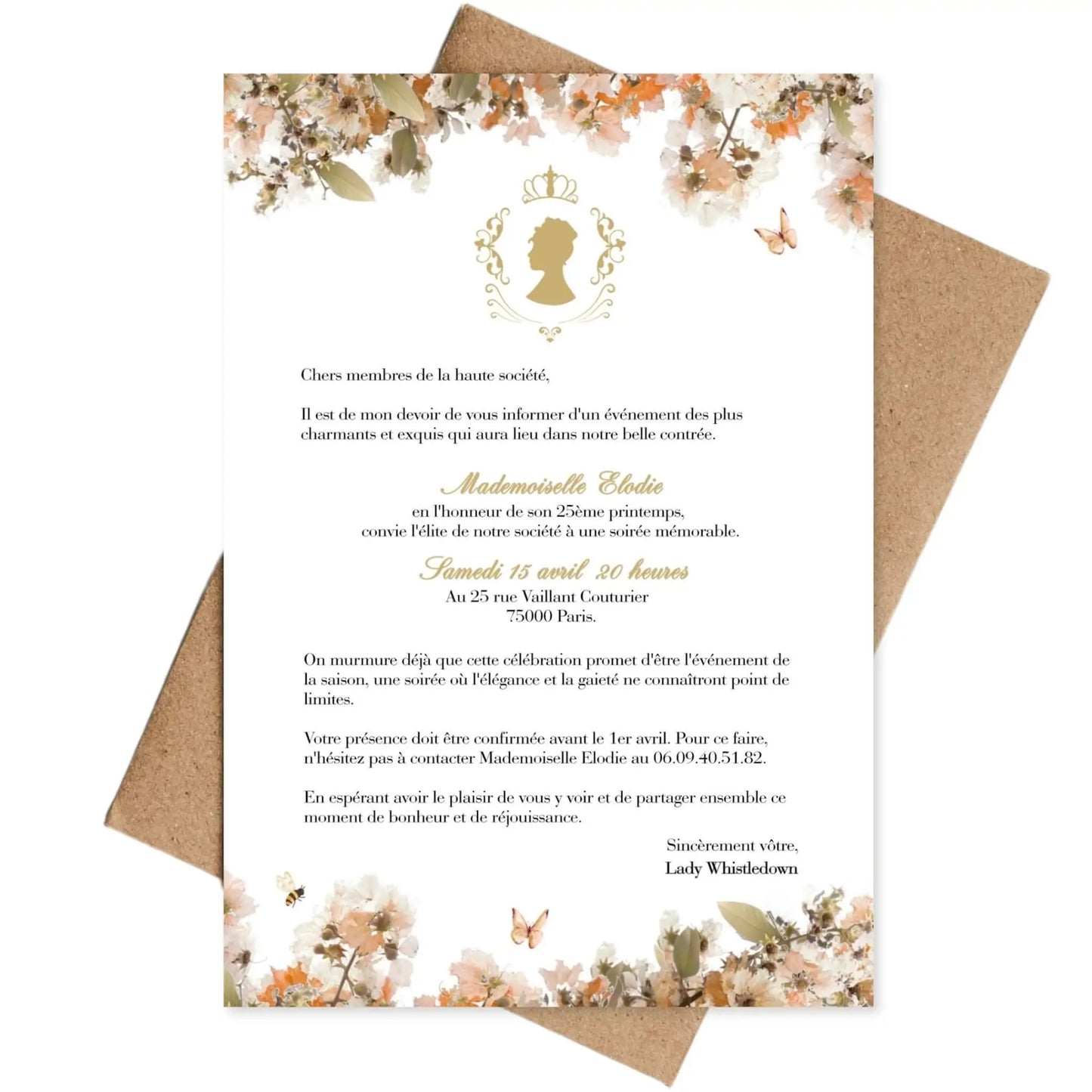 Invitations personnalisées avec fleurs BRIDGERTON orange
