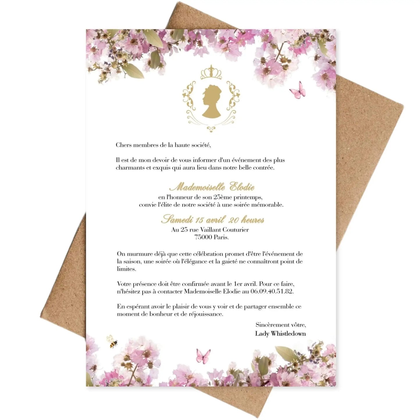 Invitations personnalisées avec fleurs BRIDGERTON rose