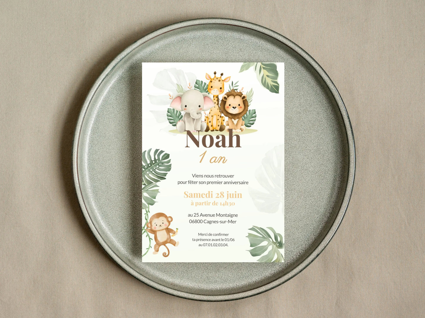 Invitations premier anniversaire personnalisées Jungle Safari animaux savane