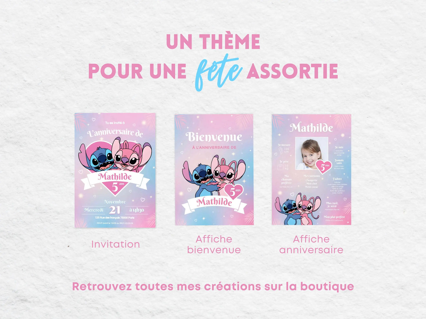 Papeterie thème anniversaire Stitch et Angel (invitation, affiche)