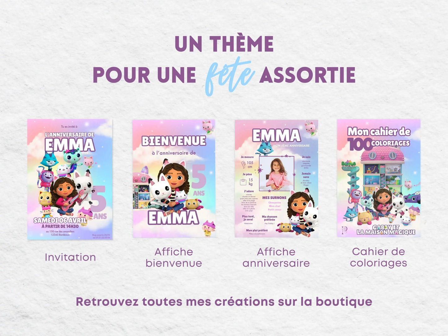 Papeterie thème anniversaire gabby et la maison magique (invitation, affiche, coloriage)