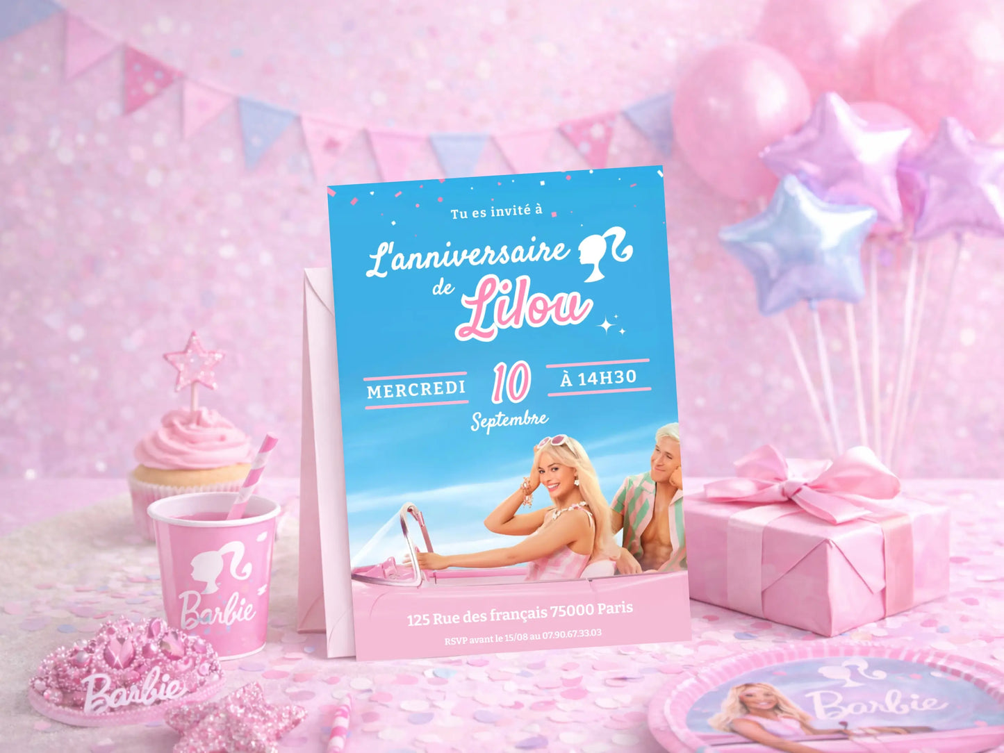 Invitation anniversaire Barbie personnalisée imprimée sur papier premium avec enveloppe, papeterie anniversaire fille thème Barbie