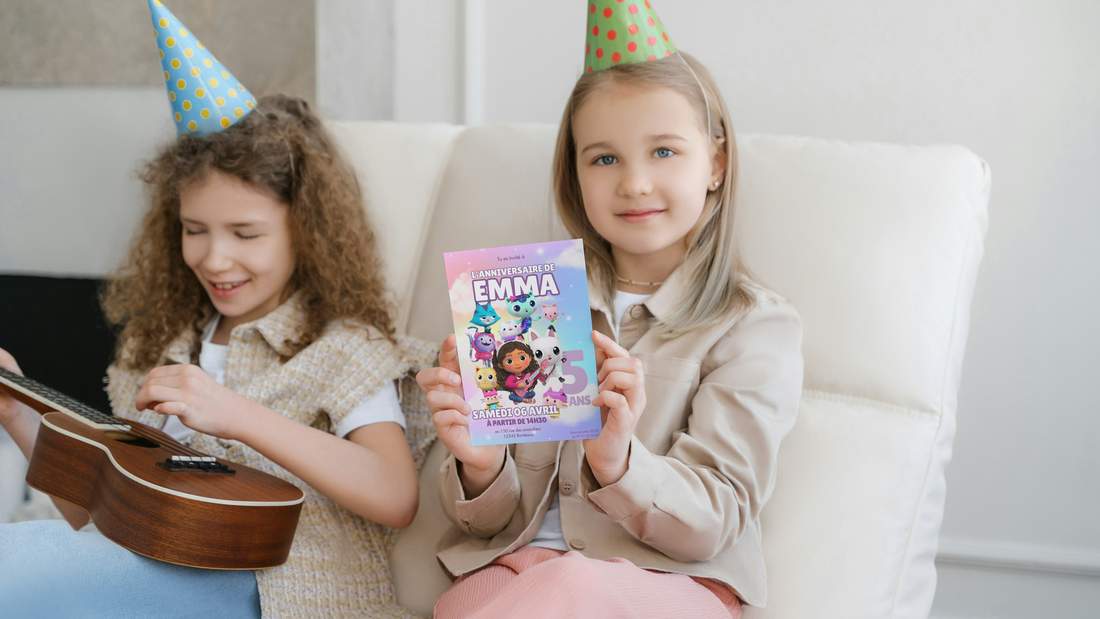 Deux enfants lors d’une fête d’anniversaire, l’un tenant une invitation personnalisée Papettelie colorée et festive, parfaite pour rendre chaque célébration unique.