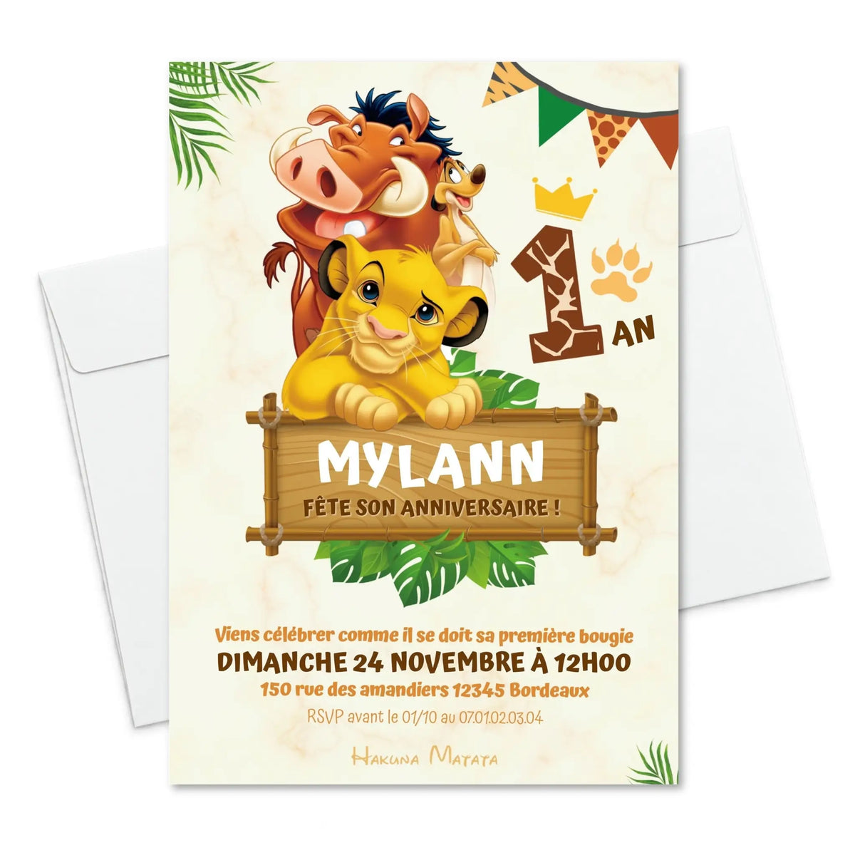 Invitations anniversaire personnalisées LE ROI LION 1 an