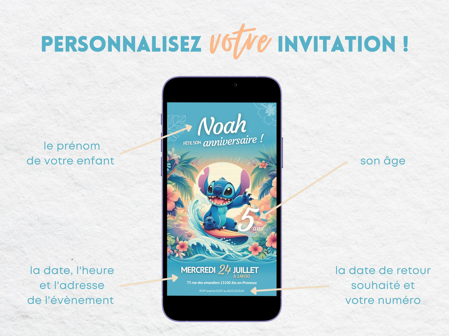 Invitation mobile personnalisée STITCH - Papettelie