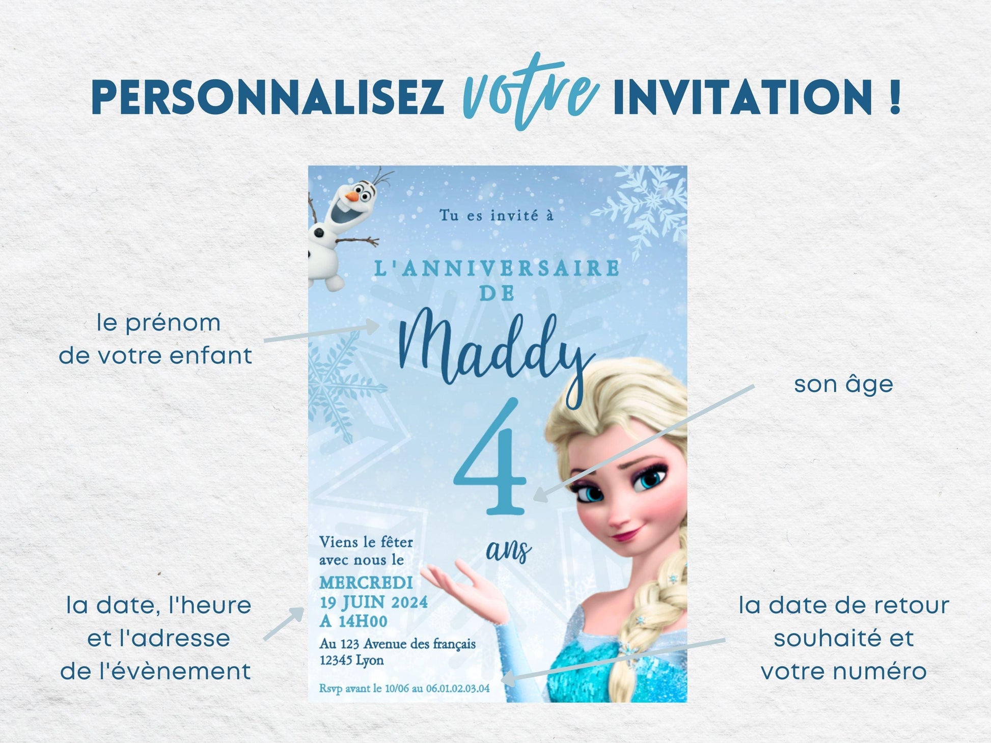 Invitations personnalisées LA REINE DES NEIGES - Papettelie