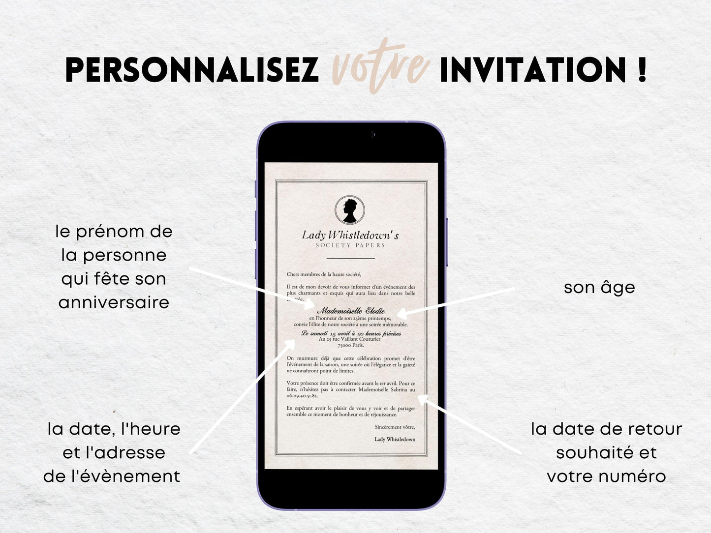 Invitation mobile personnalisée BRIDGERTON - Papettelie