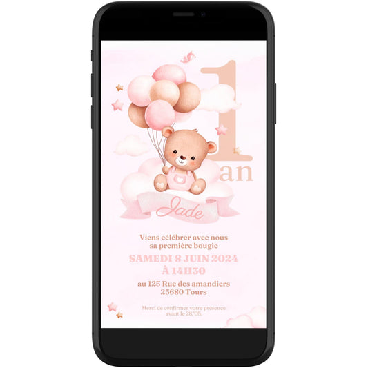 Invitation mobile personnalisée OURSON ROSE - Papettelie