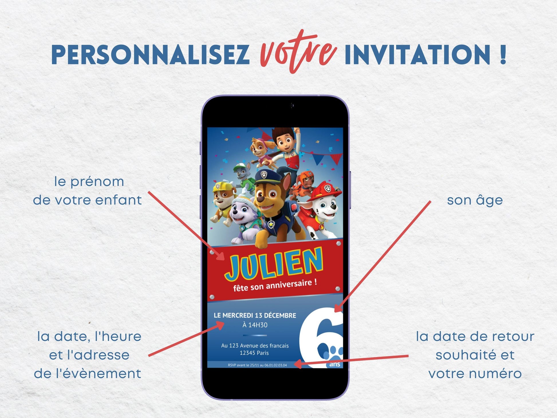 Invitation mobile personnalisée PAT'PATROUILLE - Papettelie