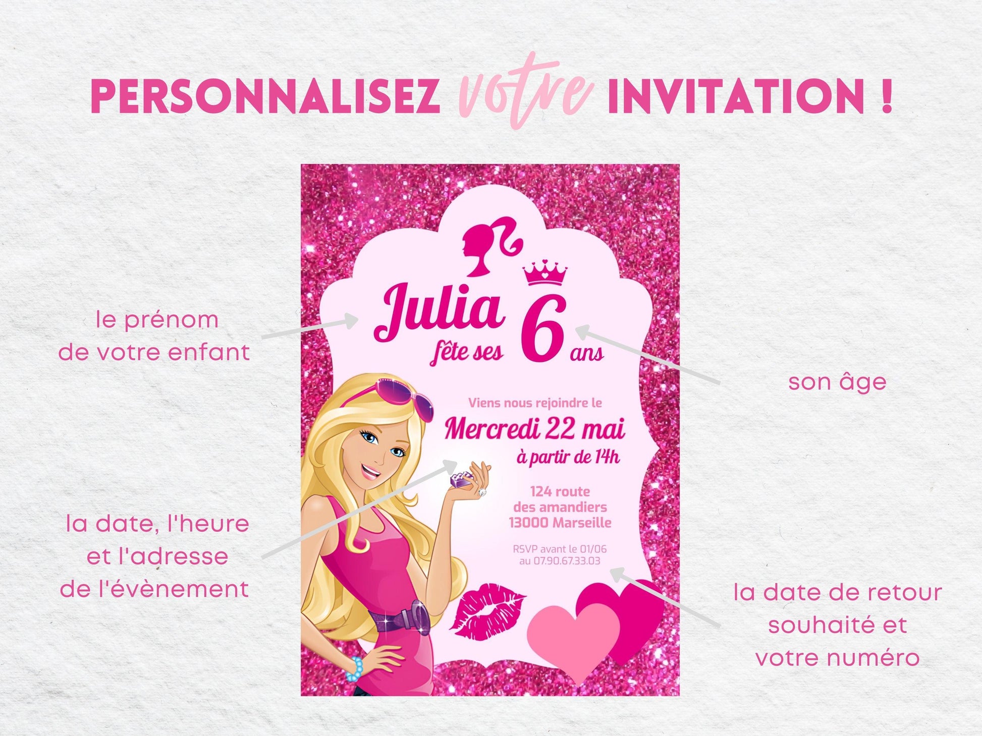 Invitations personnalisées BARBIE - Papettelie