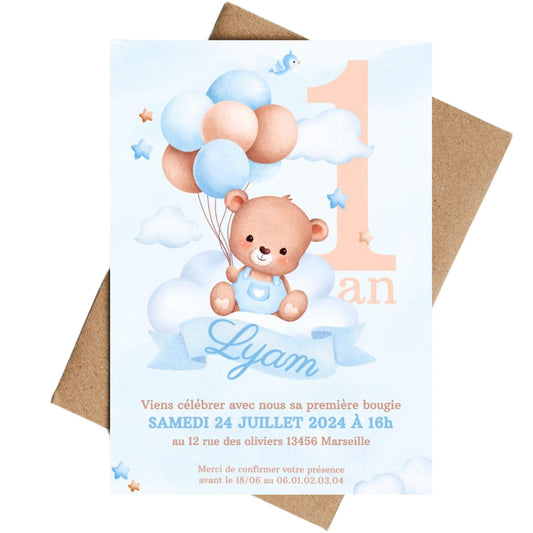 Invitations personnalisées OURSON BLEU - Papettelie