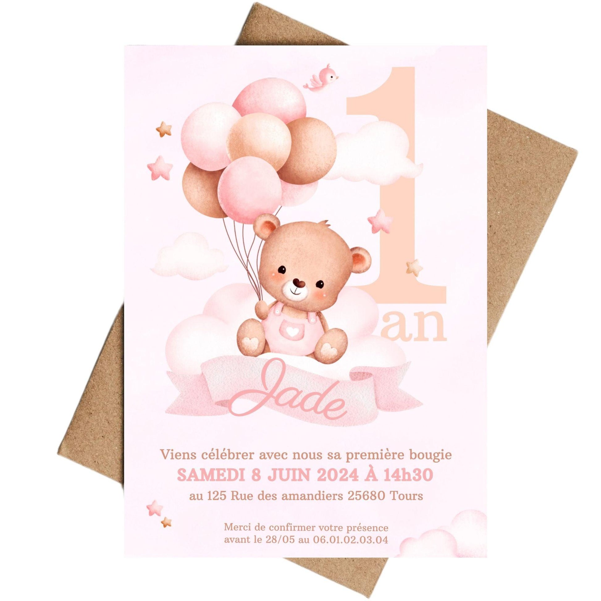 Invitations personnalisées OURSON ROSE - Papettelie