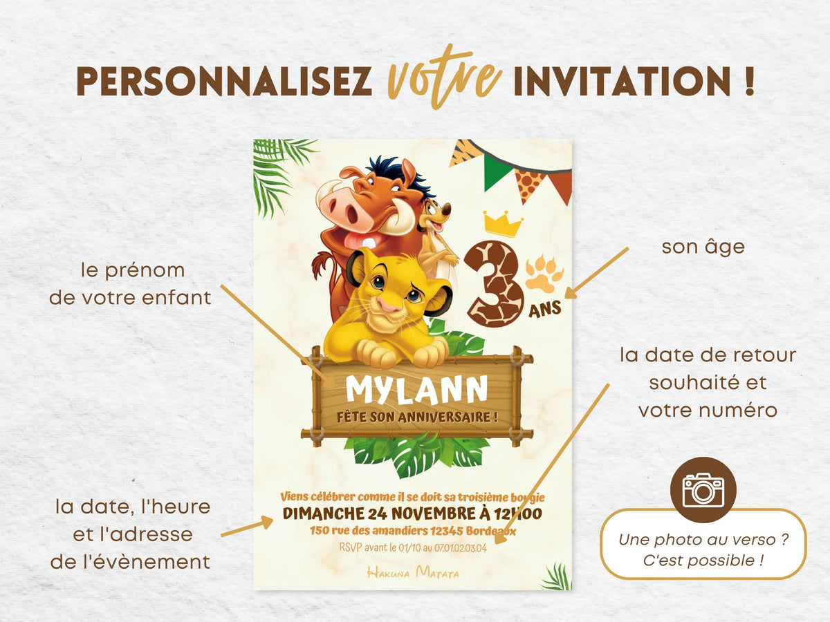 Invitations anniversaire personnalisées LE ROI LION
