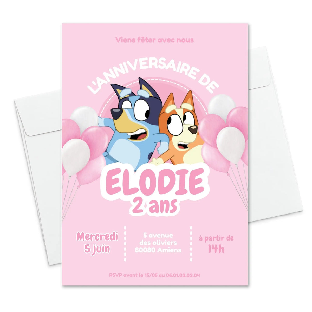 Invitations personnalisées anniversaire BLUEY rose