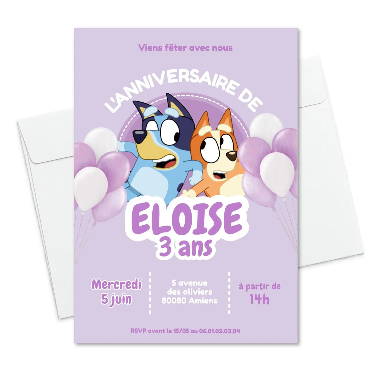 Invitations personnalisées anniversaire BLUEY violet