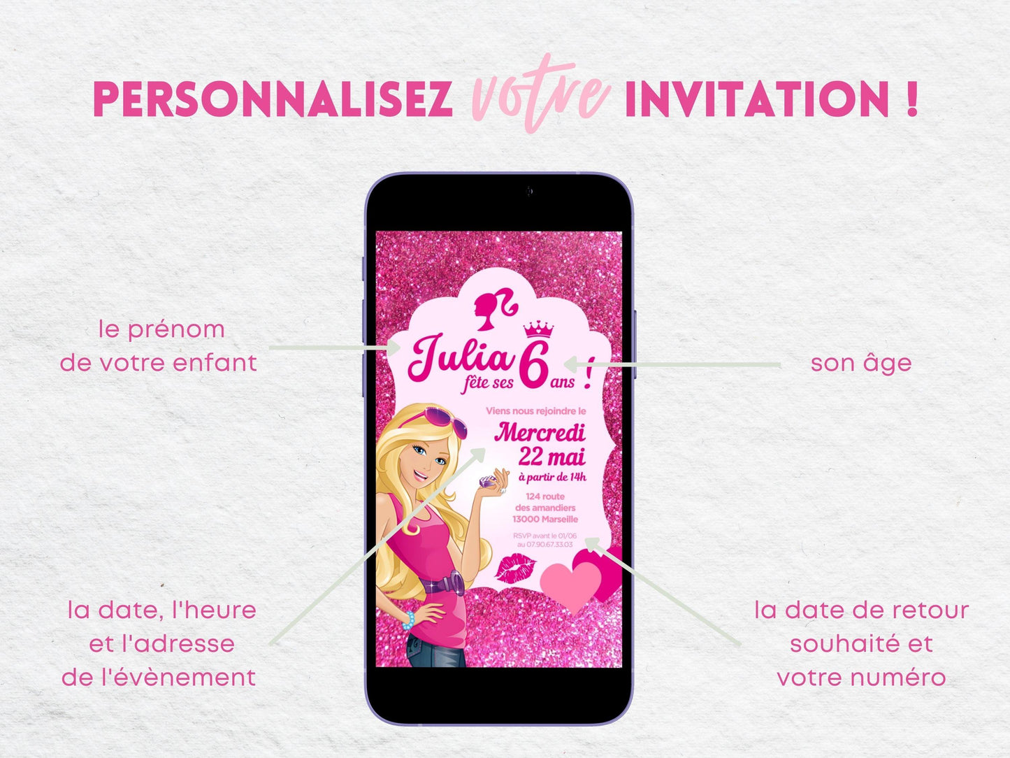 Invitation mobile personnalisée BARBIE - Papettelie