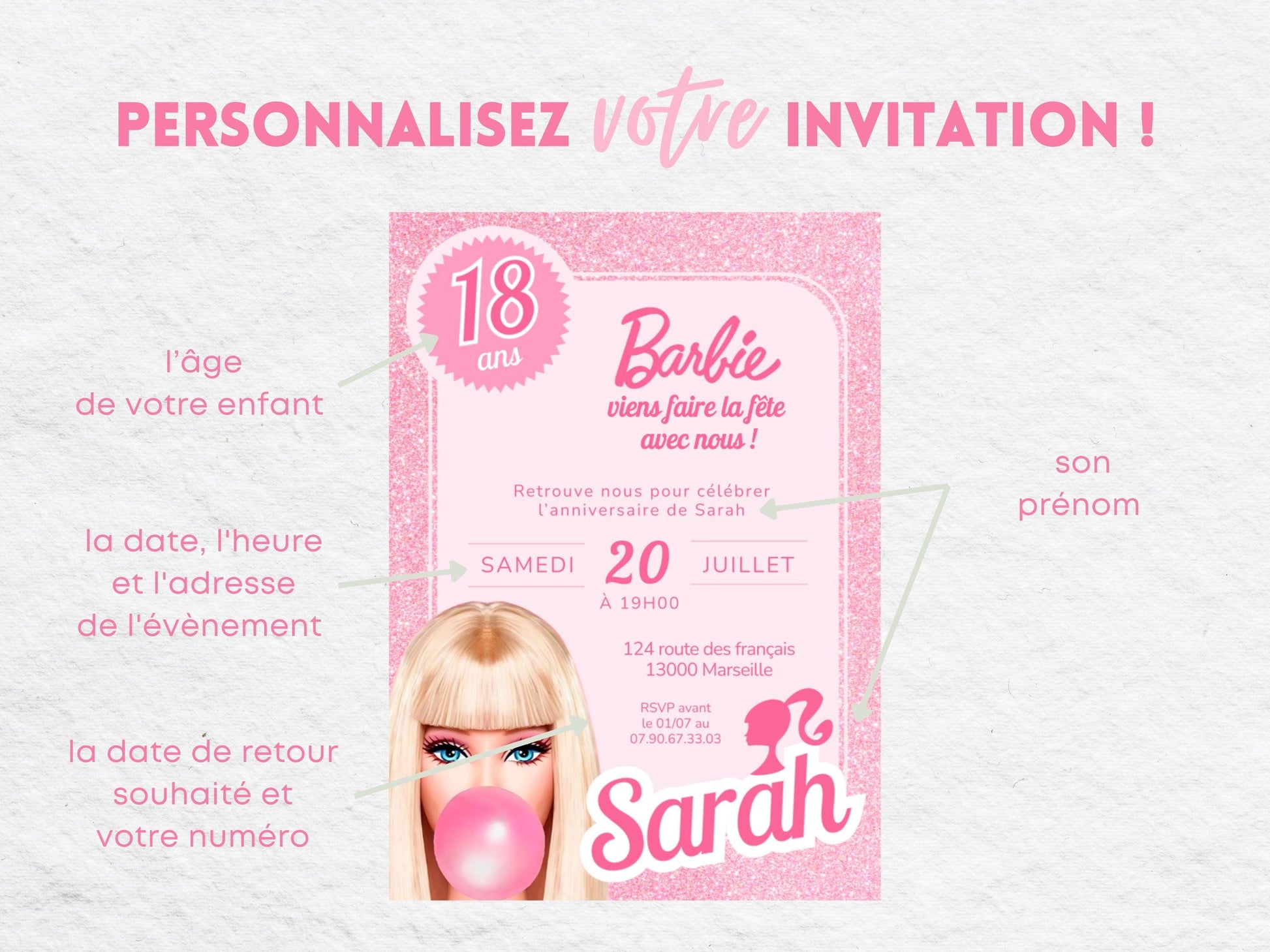 Invitations personnalisées BARBIE - Papettelie