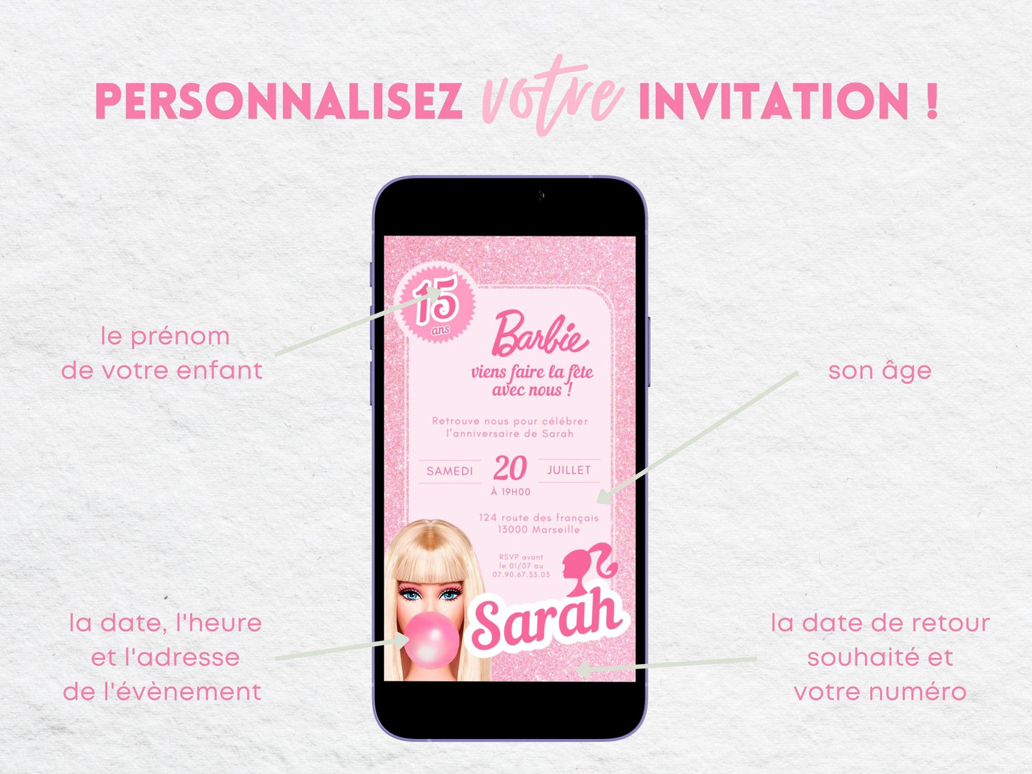 Invitation mobile personnalisée BARBIE - Papettelie