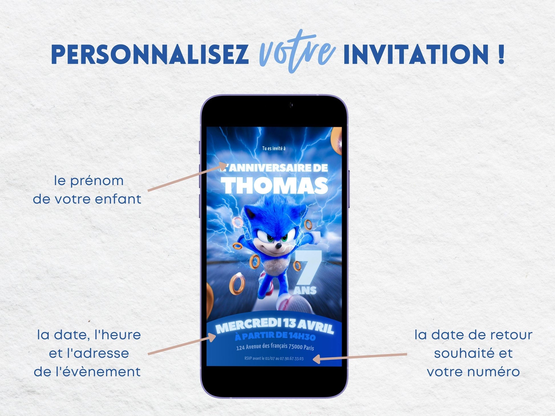 Invitation mobile personnalisée SONIC - Papettelie