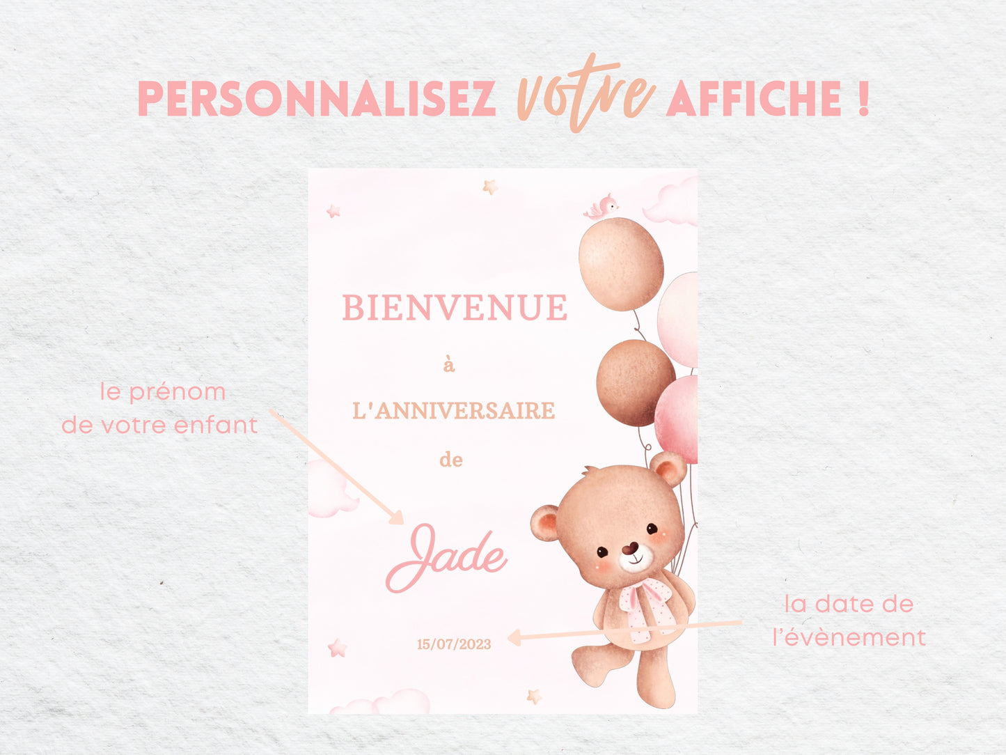 Affiche bienvenue personnalisée OURSON ROSE