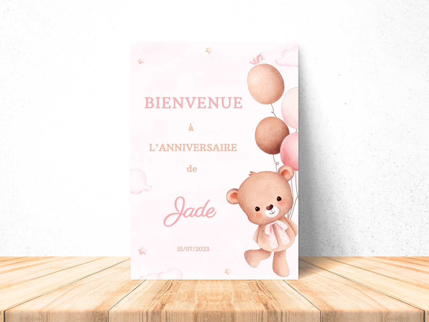 Affiche bienvenue personnalisée OURSON ROSE