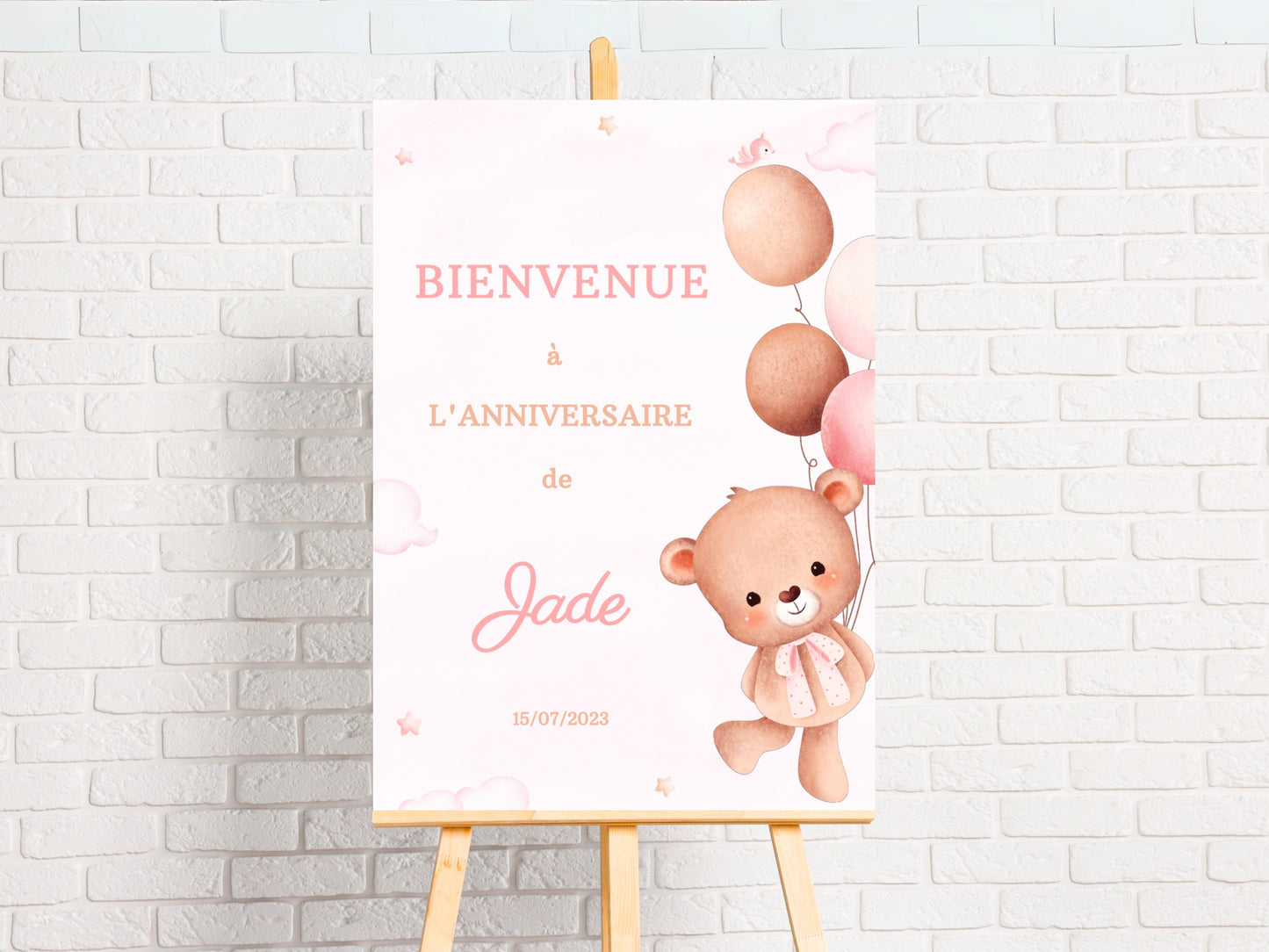 Affiche bienvenue personnalisée OURSON ROSE