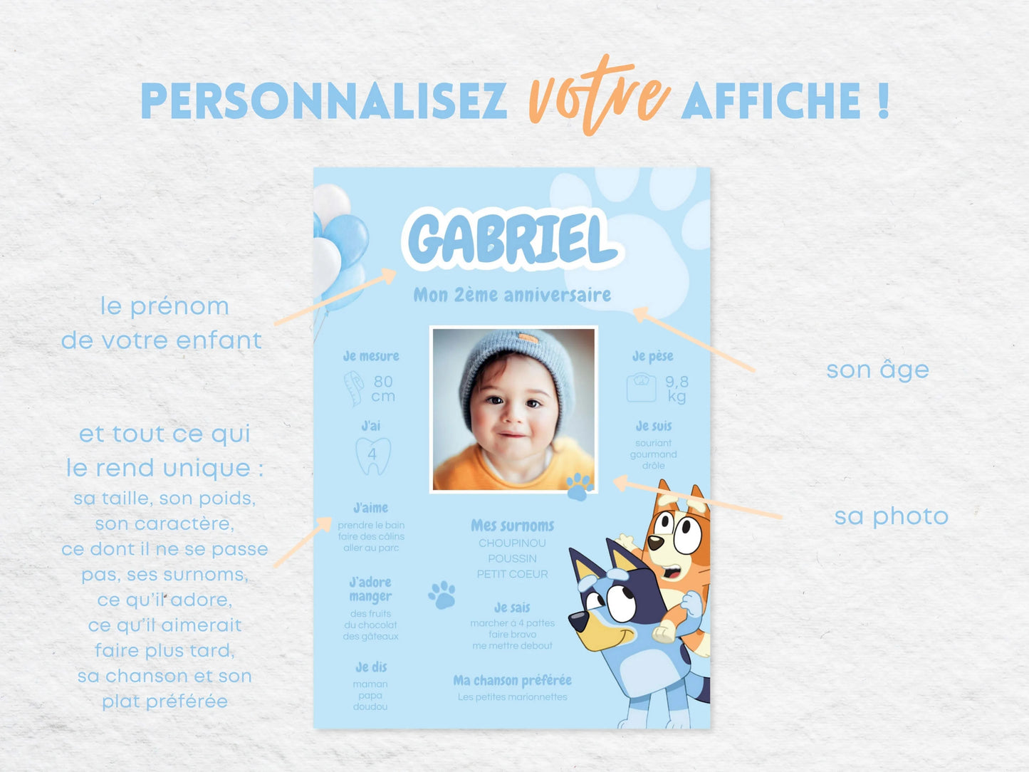 Affiche anniversaire personnalisée BLUEY ballon