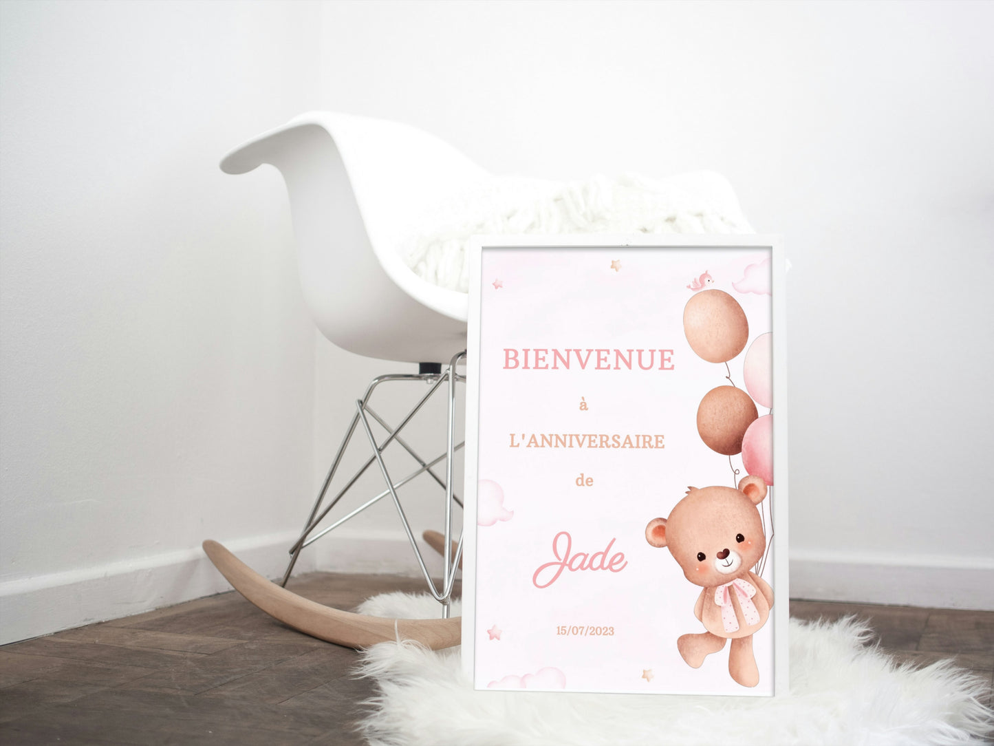 Affiche bienvenue personnalisée OURSON ROSE