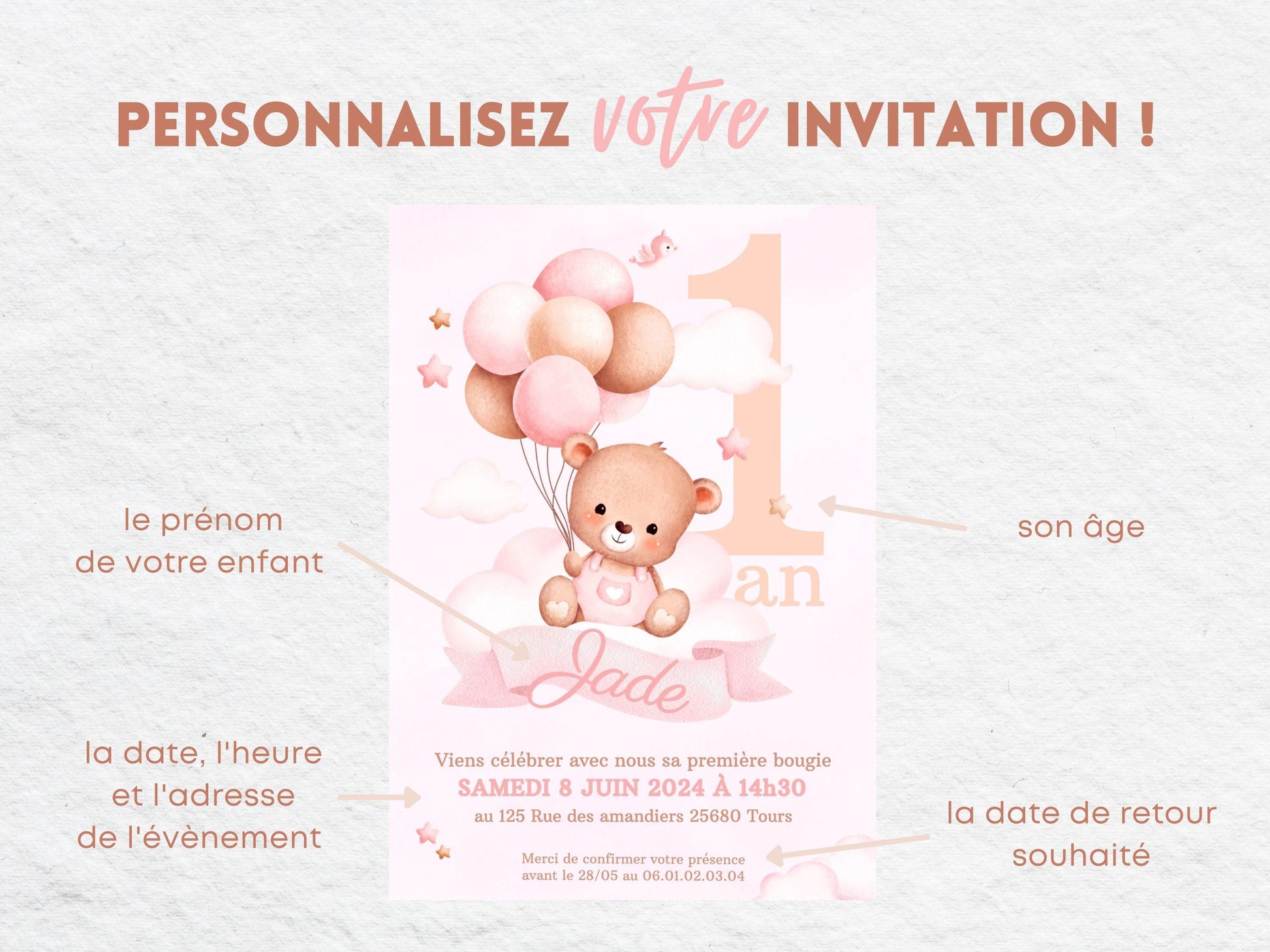 Invitations personnalisées OURSON ROSE - Papettelie