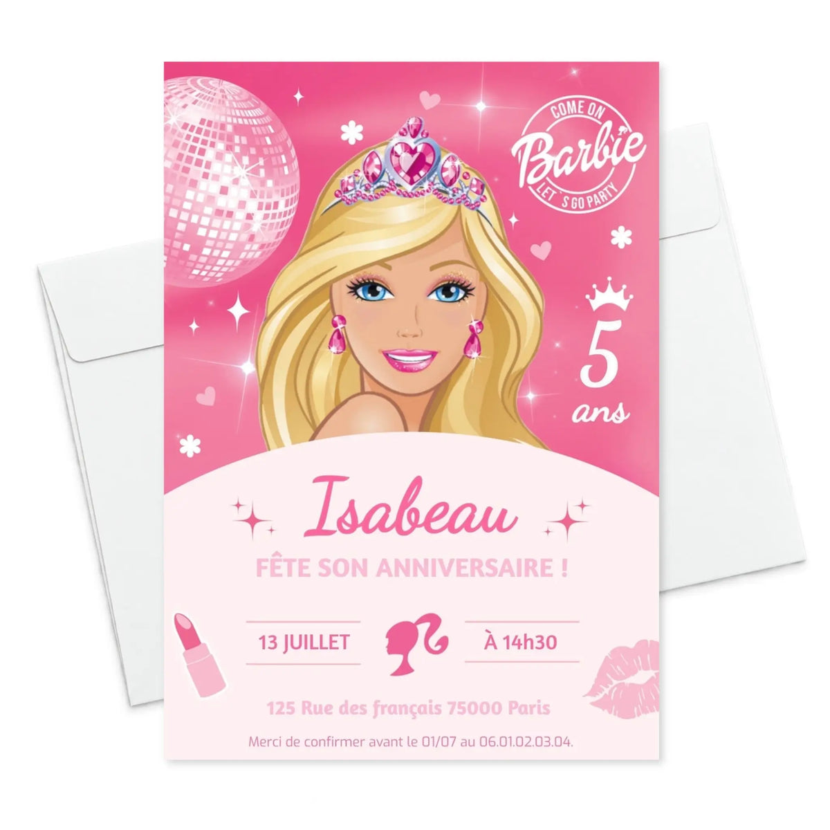 Invitations anniversaire personnalisées BARBIE fille 5 ans