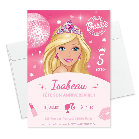 Invitations anniversaire personnalisées BARBIE fille 5 ans