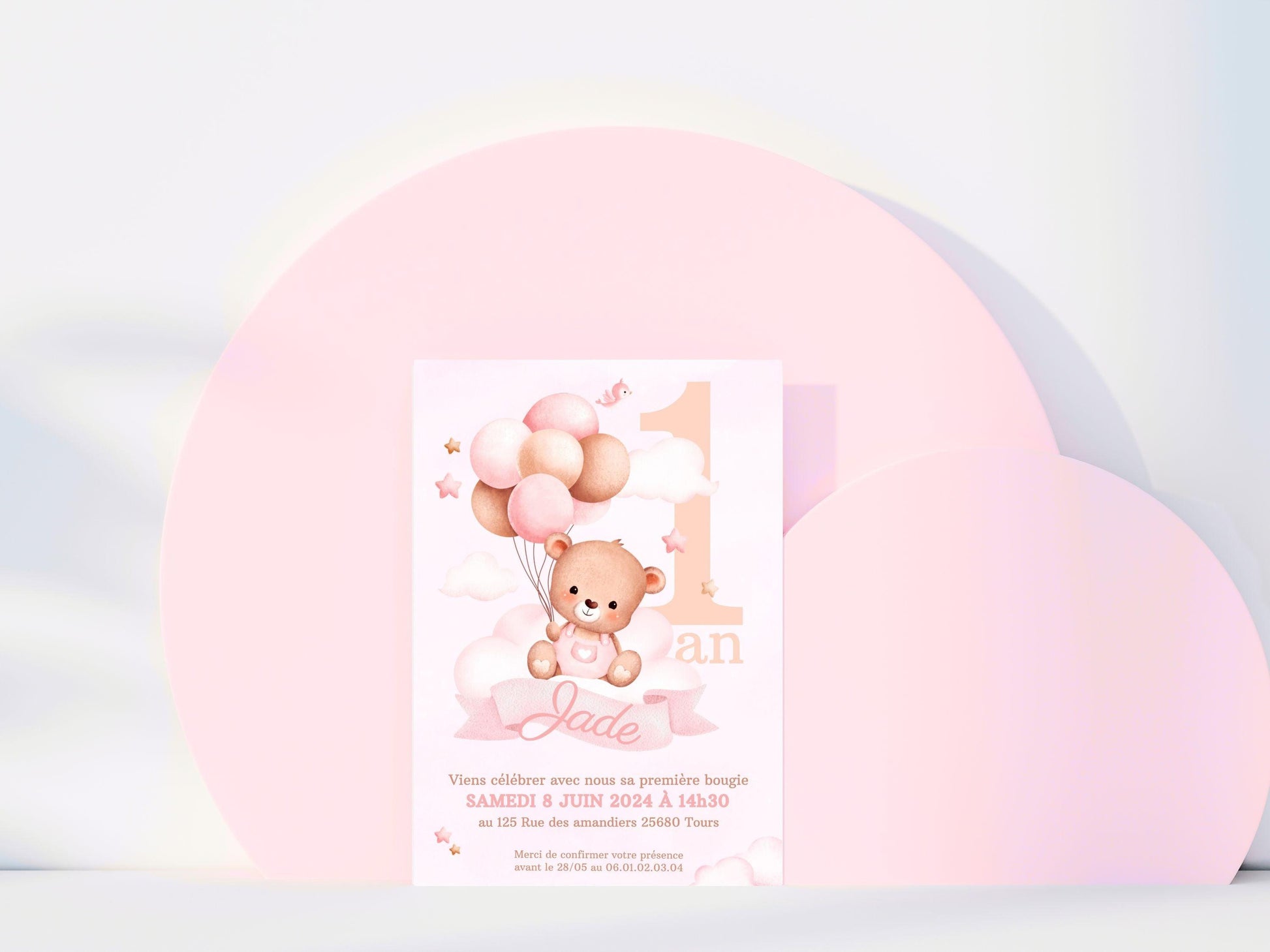 Invitations personnalisées OURSON ROSE - Papettelie