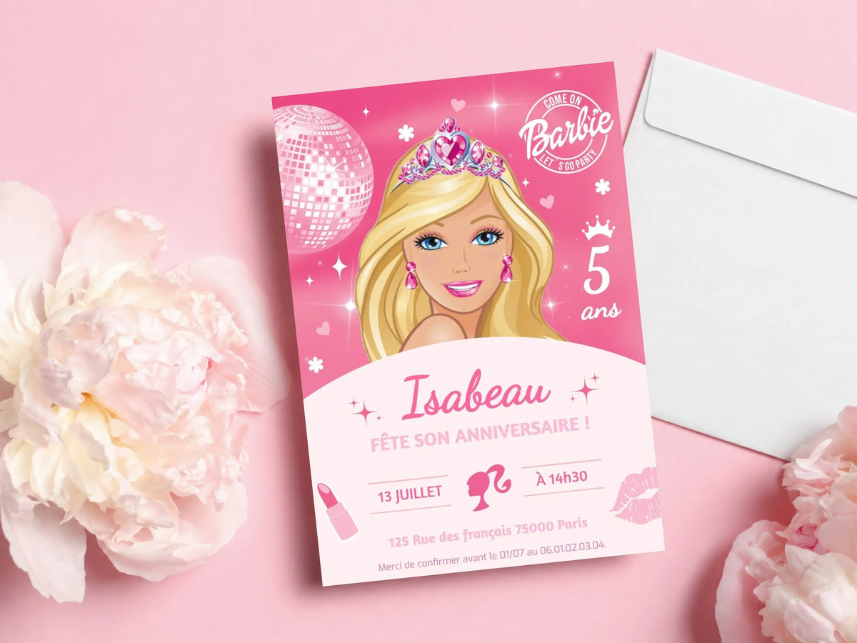 Invitations anniversaire personnalisées PRINCESSE BARBIE fille 5 ans