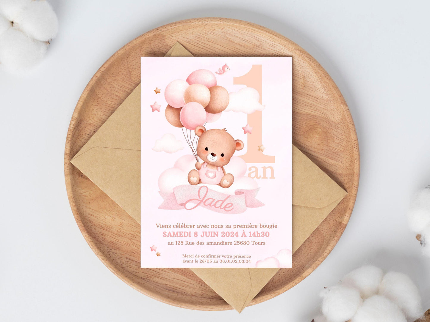 Invitations personnalisées OURSON ROSE - Papettelie