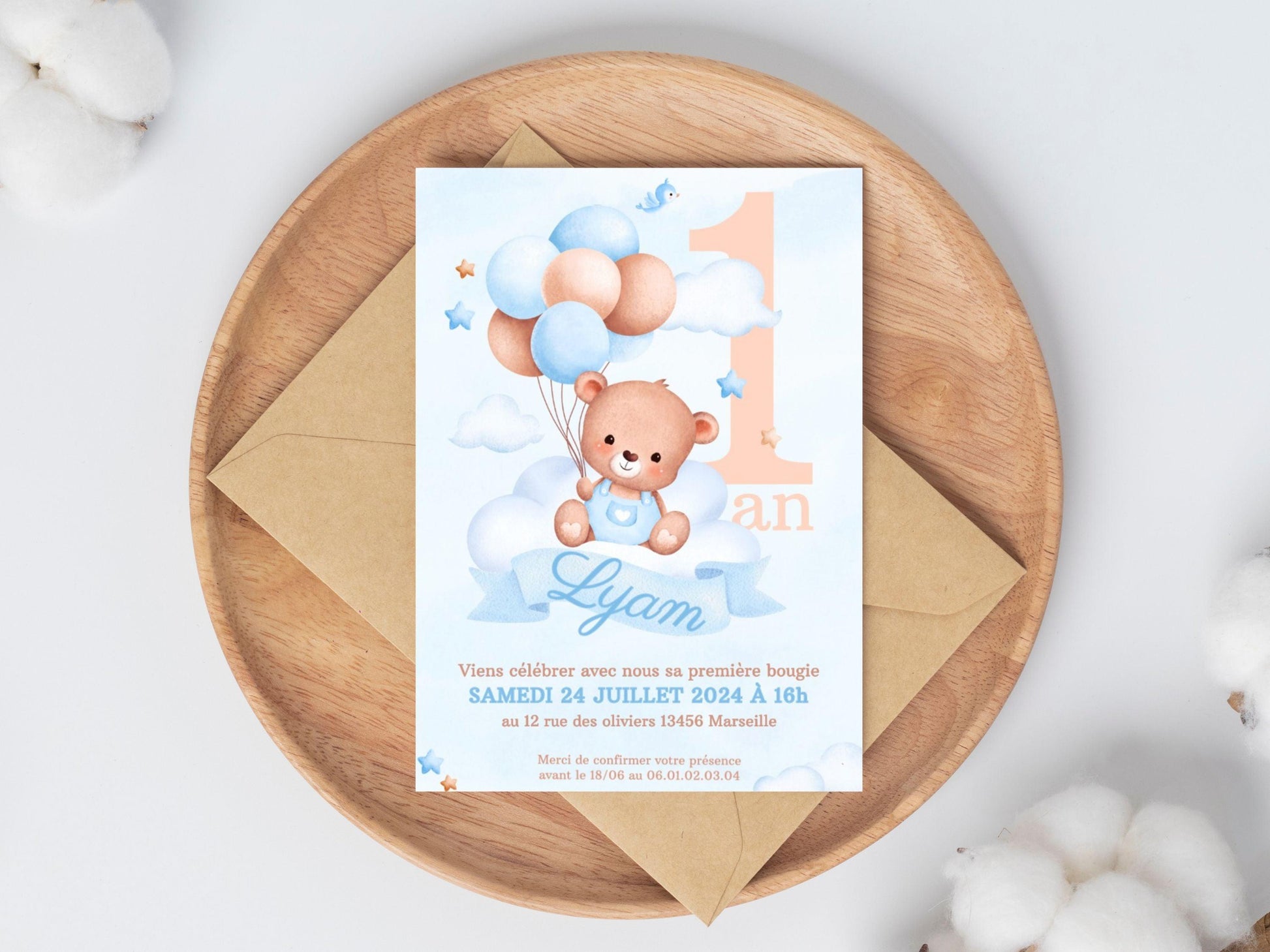 Invitations personnalisées OURSON BLEU - Papettelie