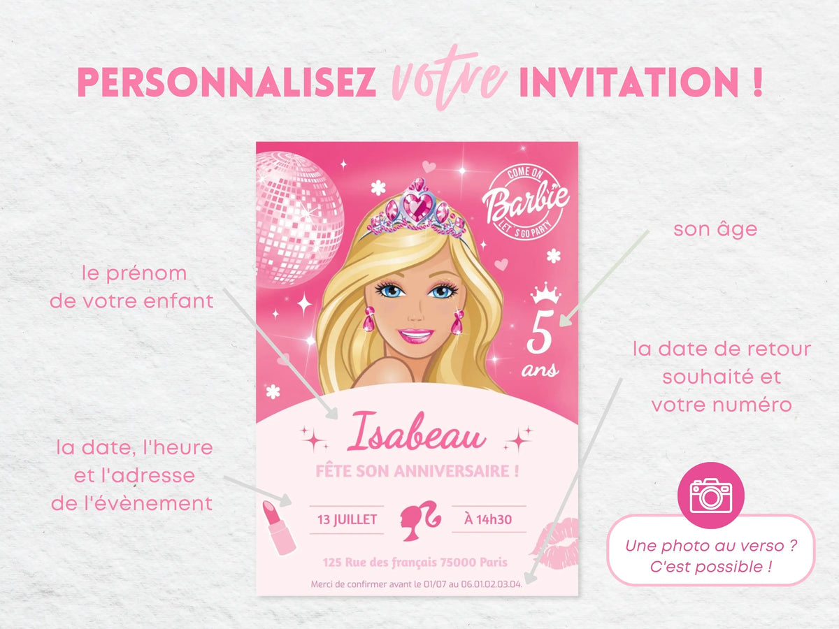 Invitations anniversaire personnalisées BARBIE fille 5 ans