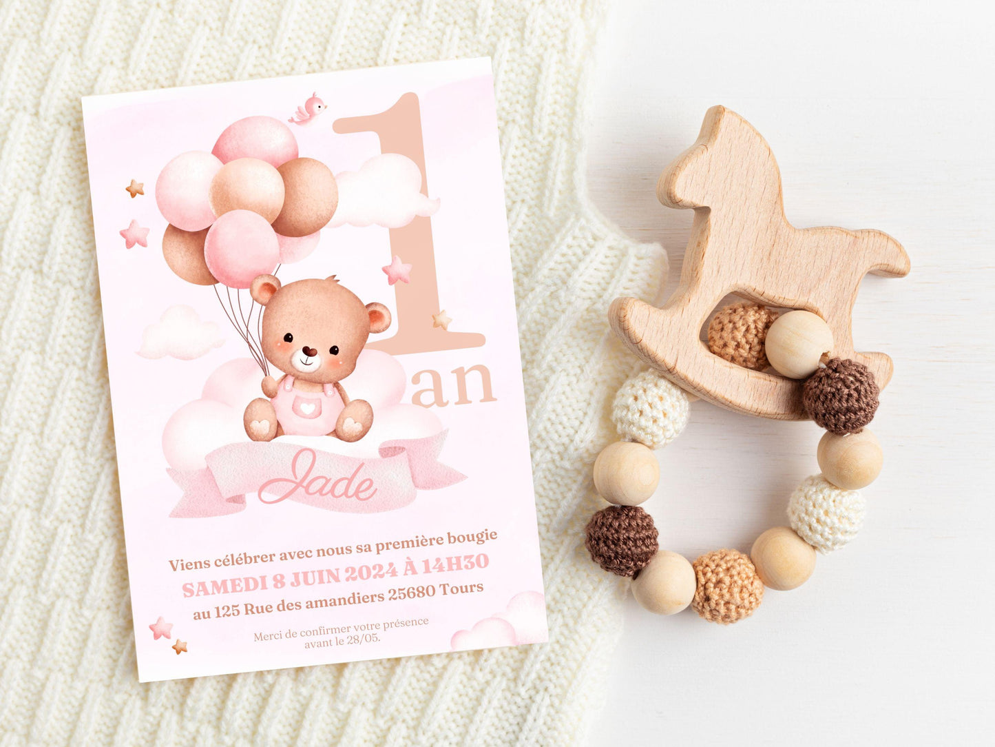 Invitations personnalisées OURSON ROSE - Papettelie