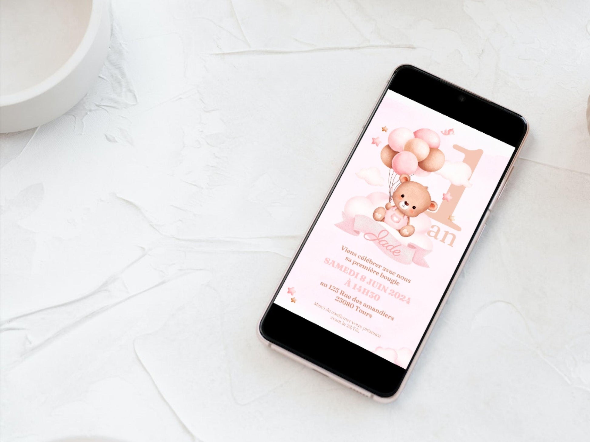 Invitation mobile personnalisée OURSON ROSE - Papettelie