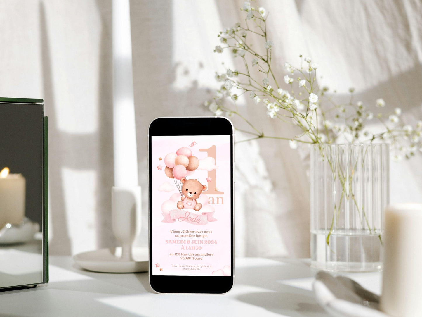 Invitation mobile personnalisée OURSON ROSE - Papettelie