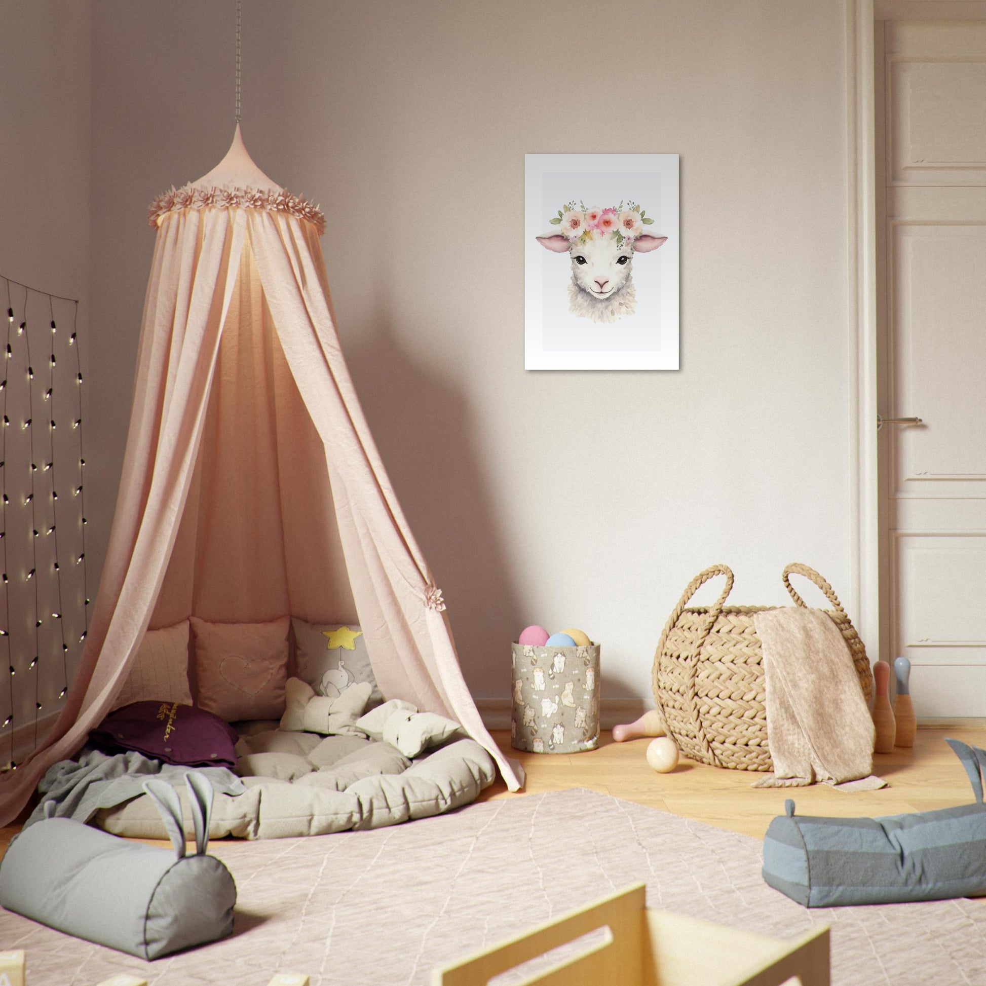 Affiche AGNEAU avec couronne de fleurs décoration chambre enfant bébé