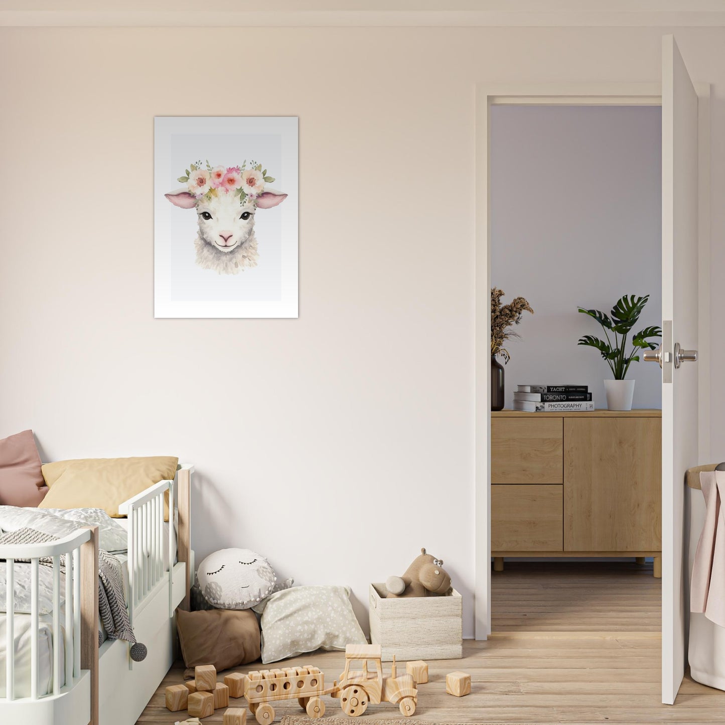 Affiche AGNEAU avec couronne de fleurs décoration chambre enfant bébé
