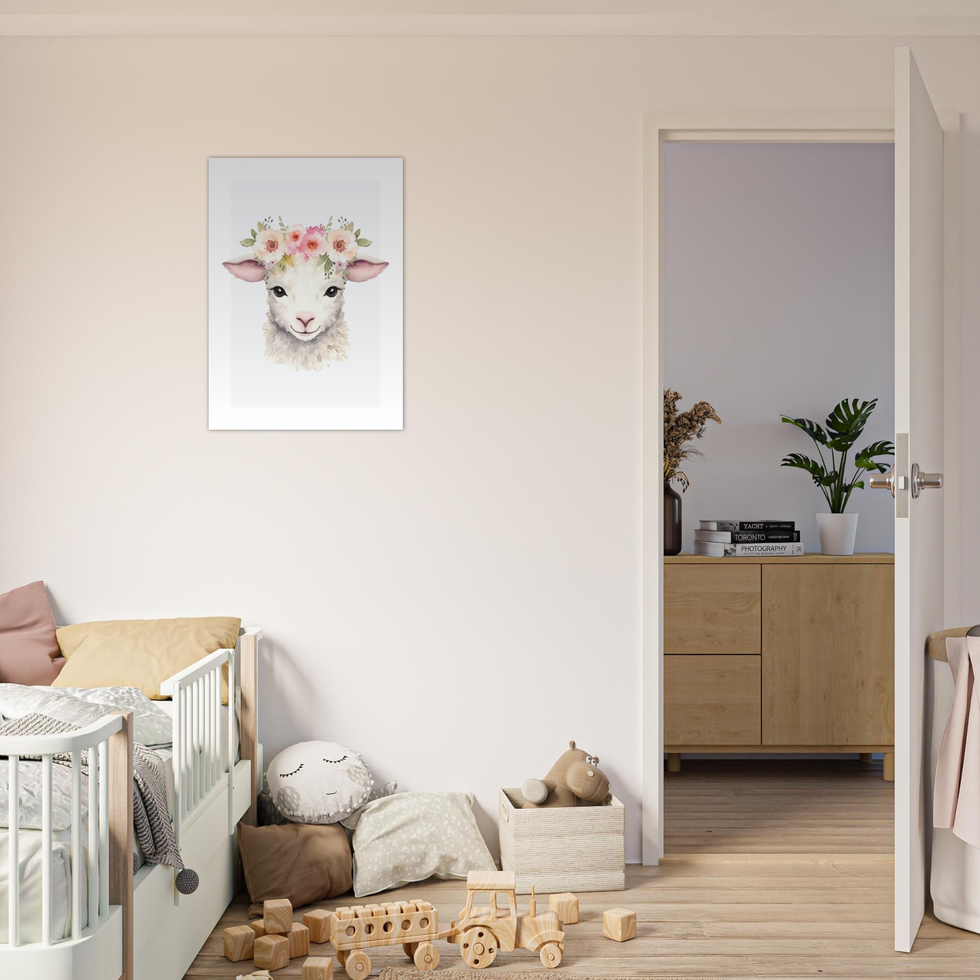 Affiche AGNEAU avec couronne de fleurs décoration chambre enfant bébé