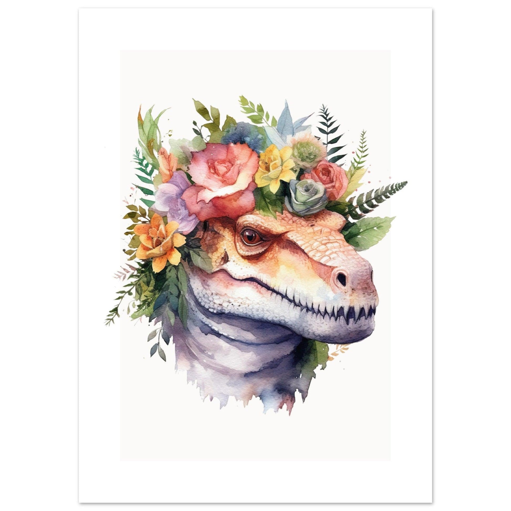 Affiche DINOSAURE avec couronne de fleurs décoration chambre enfant bébé