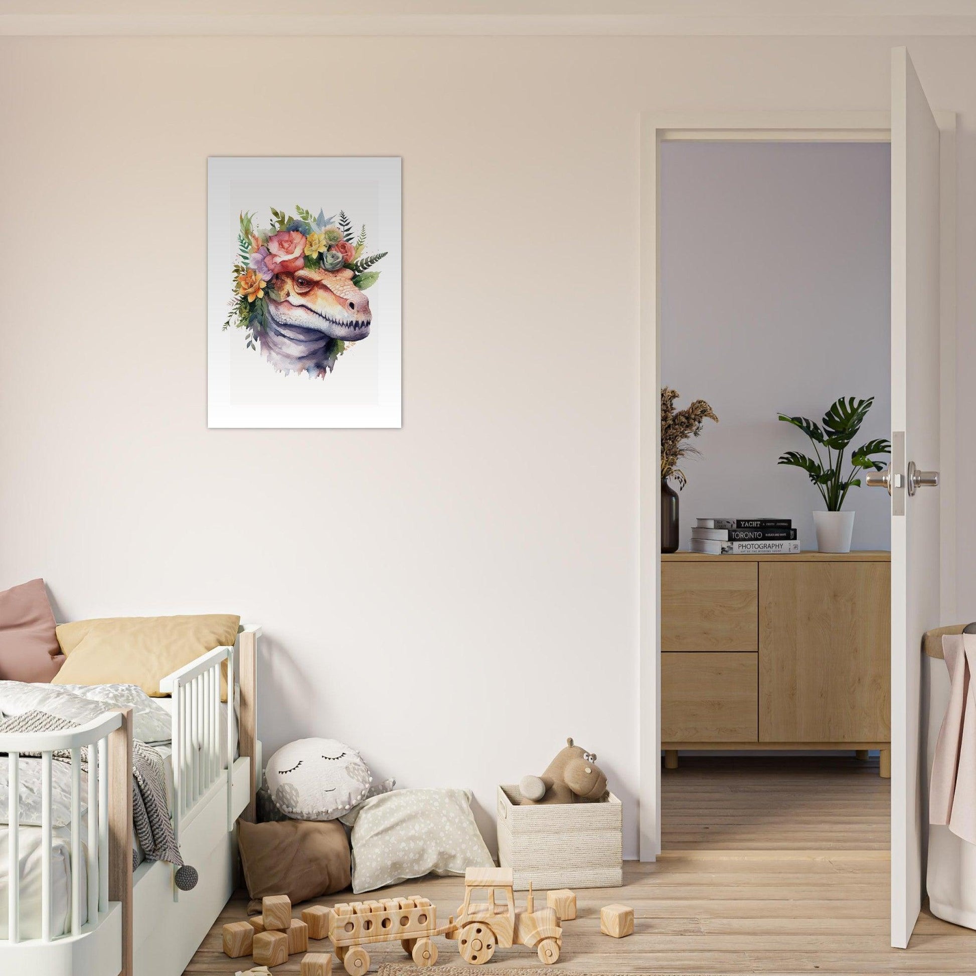 Affiche DINOSAURE avec couronne de fleurs décoration chambre enfant bébé