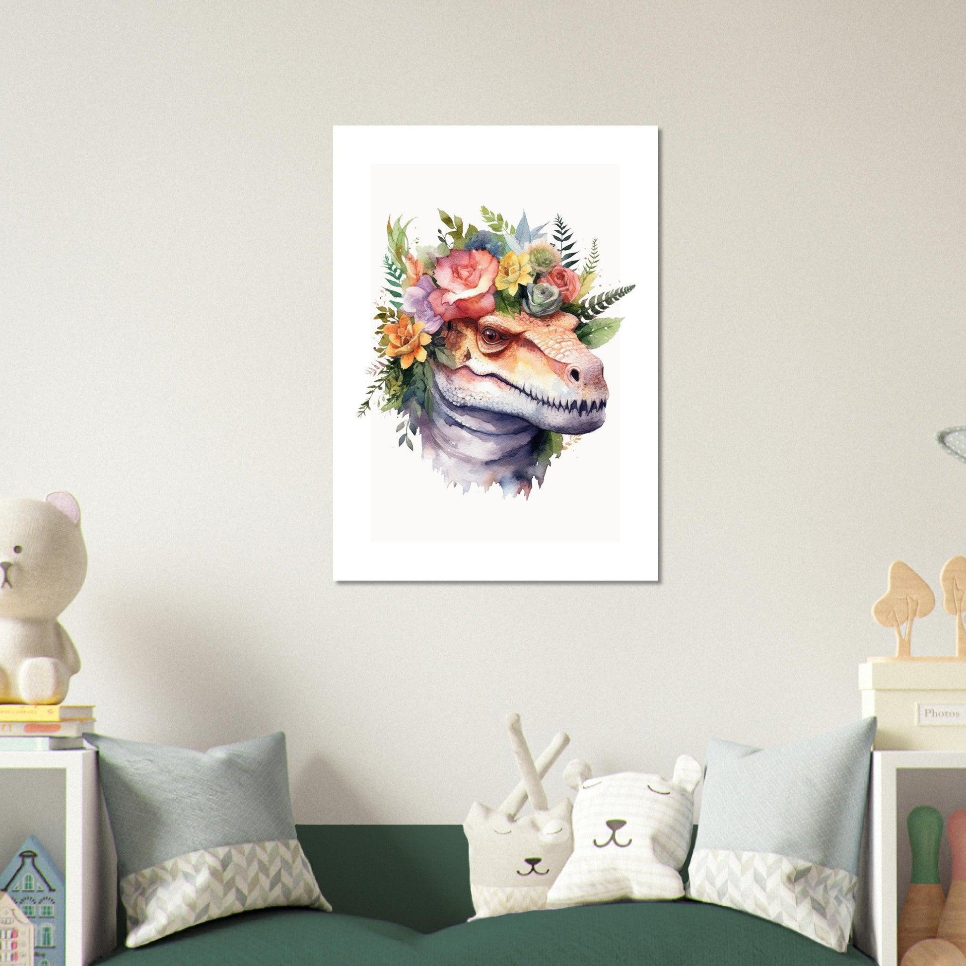 Affiche DINOSAURE avec couronne de fleurs décoration chambre enfant bébé